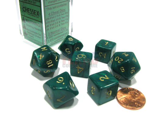 Cheater's Polyhedral 7-Dice Chessex Set - Pearlescent Green with Gold Numbers