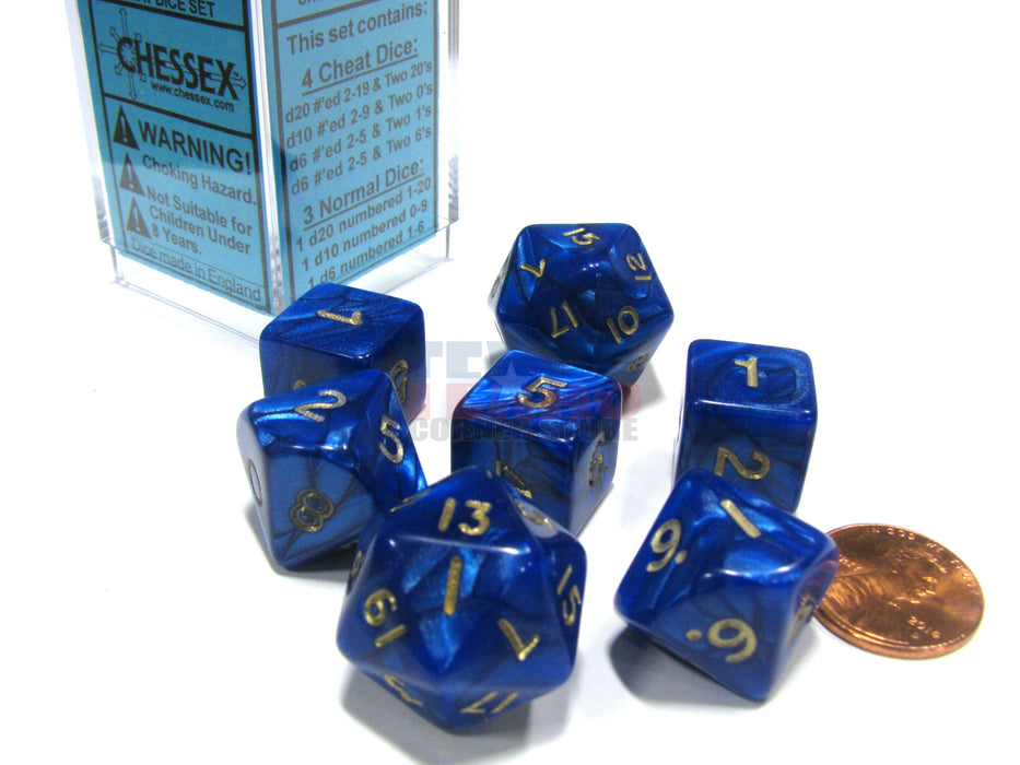 Cheater's Polyhedral 7-Dice Chessex Set - Pearlescent Blue with Gold Numbers