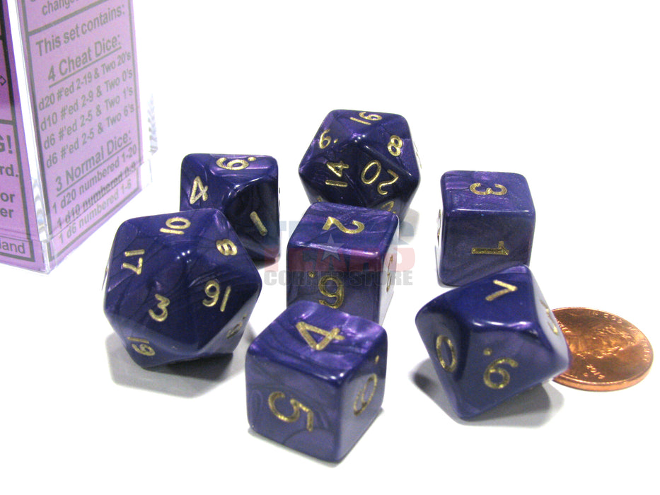 Cheater's Polyhedral 7-Dice Chessex Set - Pearlescent Purple with Gold Numbers