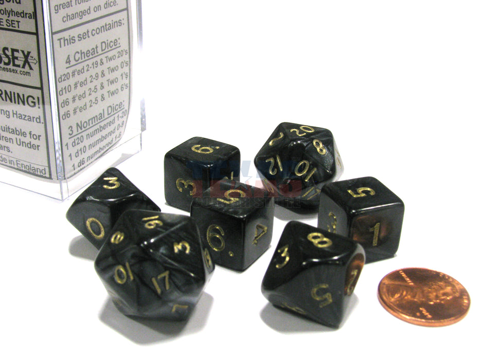 Cheater's Polyhedral 7-Dice Chessex Set - Pearlescent Black-Gray with Gold