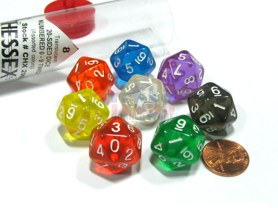 Set of 8 20-Sided D10 Chessex Dice Numbered 0-9 Twice - Translucent Assortment