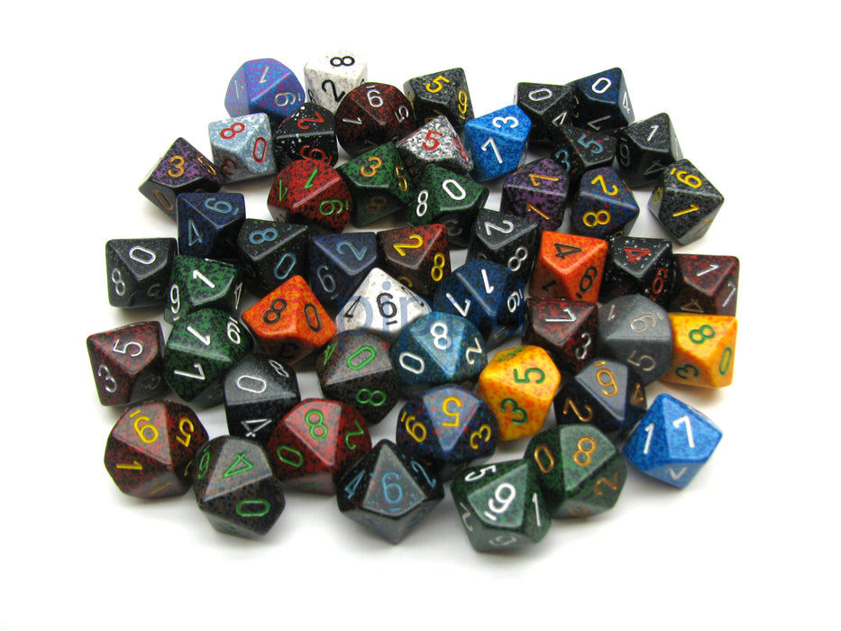 Bag Of 50 Assorted Loose Speckled Polyhedral 16mm D10 Chessex Dice