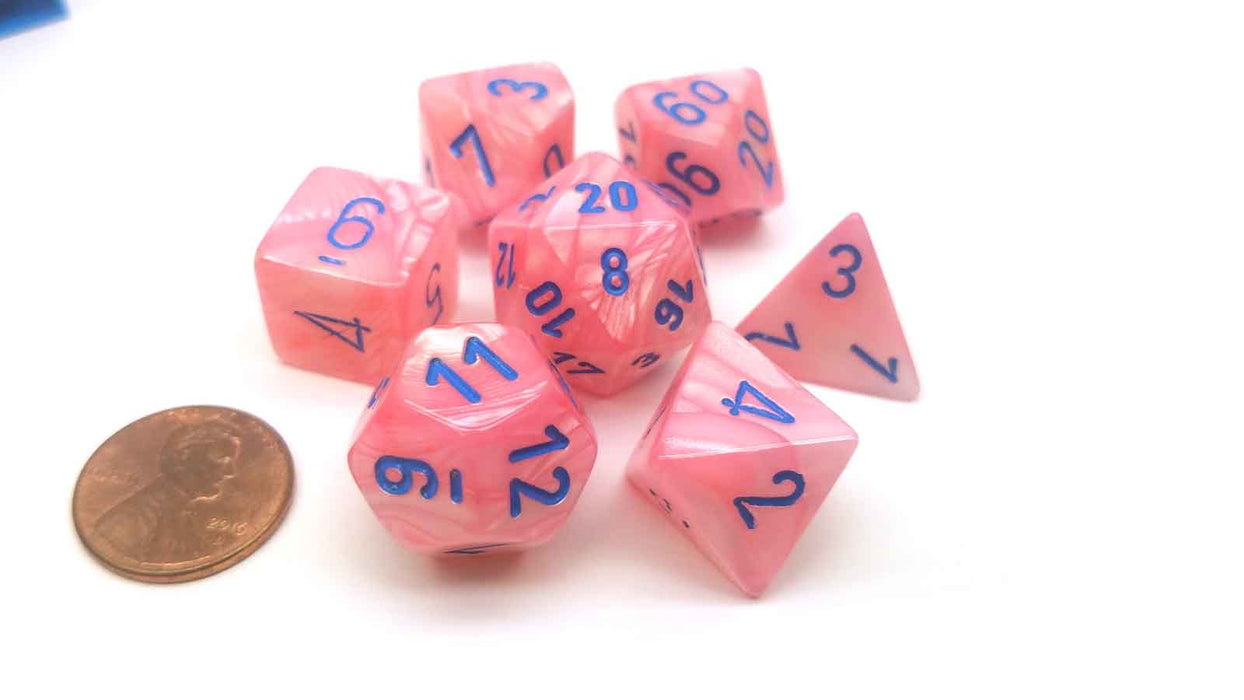 Polyhedral 7-Die Lustrous Lab Dice Chessex Dice Set - Pink with Blue Numbers