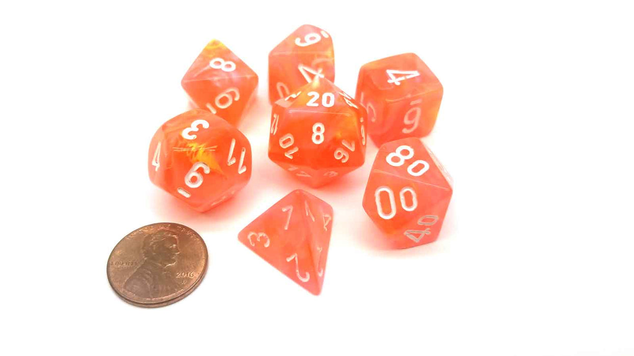 Polyhedral 7-Die Festive Lab Dice Chessex Dice Set - Dahlia with White Numbers