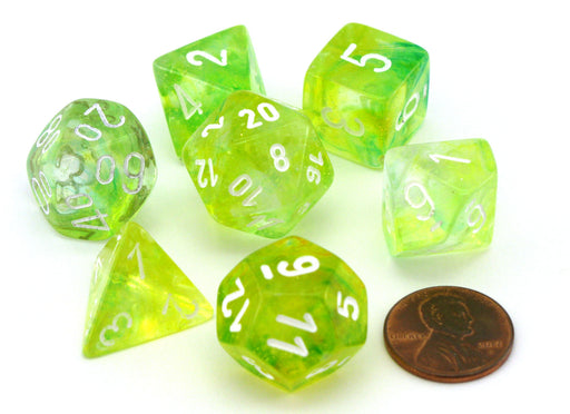 Polyhedral 7-Die Nebula Lab Dice 2 Chessex Dice with Luminary- Spring with White