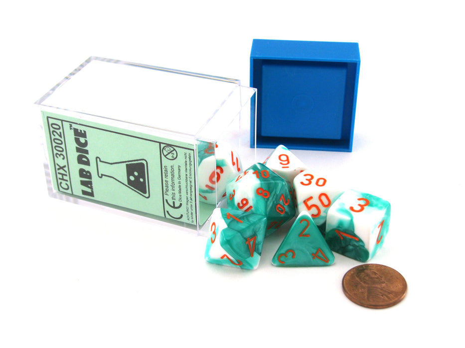 Polyhedral 7-Die Gemini Chessex Lab Dice 3 Set - Mint Green-White with Orange