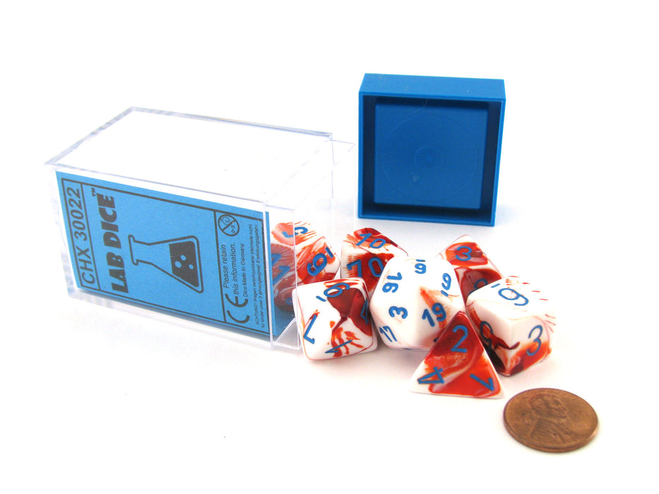 Polyhedral 7-Die Gemini Chessex Lab Dice 3 Set - Red-White with Blue Numbers