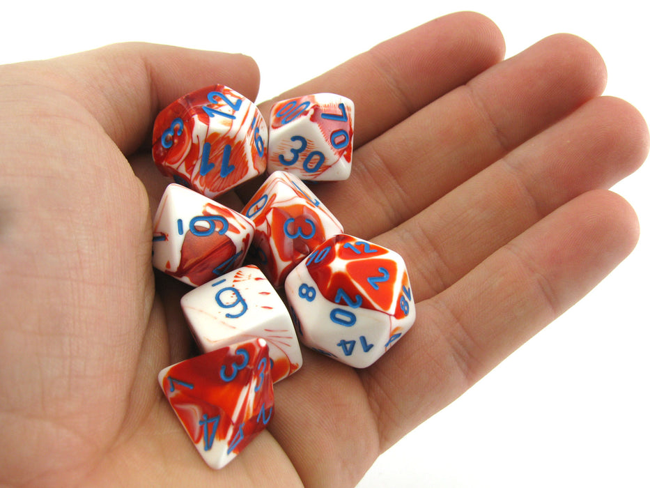 Polyhedral 7-Die Gemini Chessex Lab Dice 3 Set - Red-White with Blue Numbers
