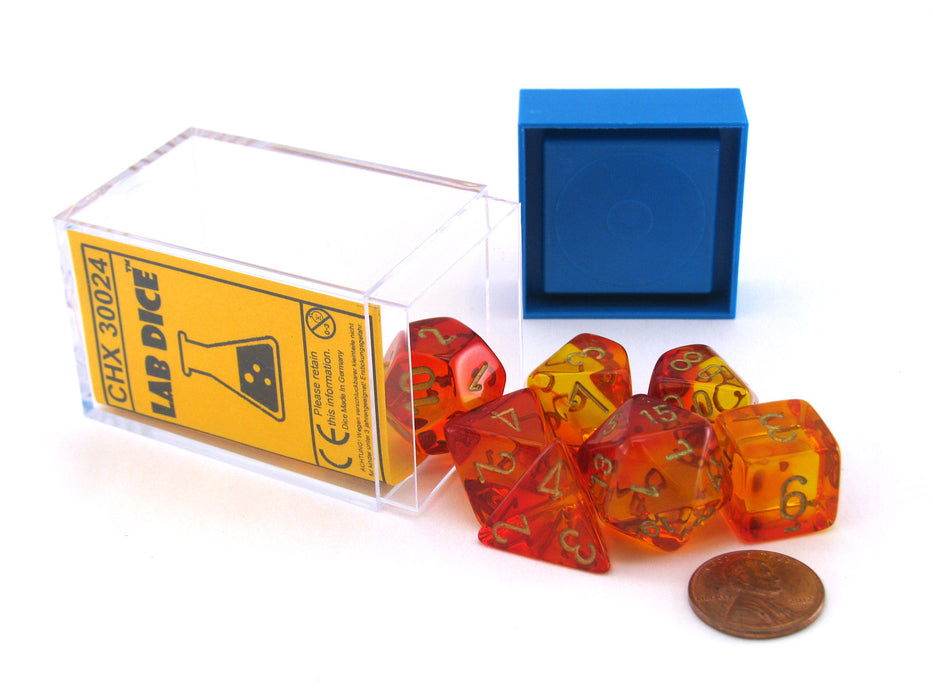 Polyhedral 7-Die Gemini Chessex Lab Dice 3 Set - Red-Yellow with Gold Numbers