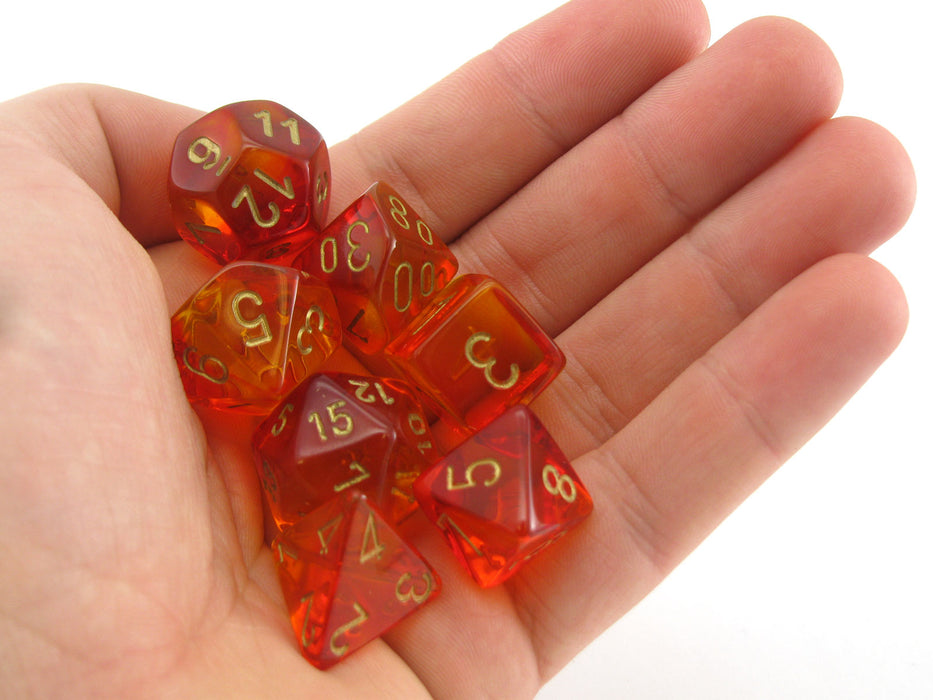 Polyhedral 7-Die Gemini Chessex Lab Dice 3 Set - Red-Yellow with Gold Numbers