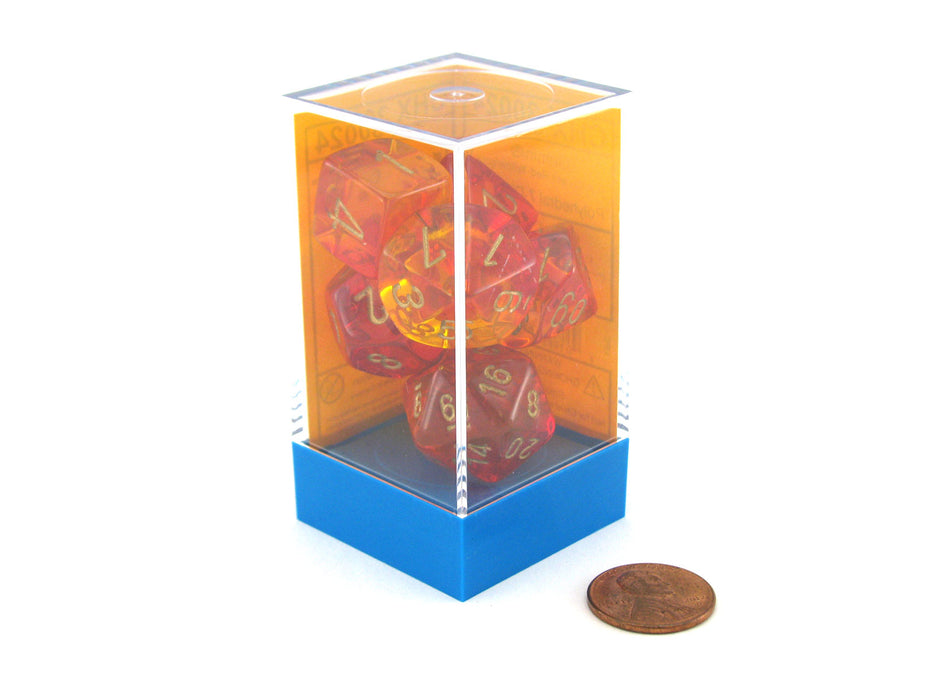 Polyhedral 7-Die Gemini Chessex Lab Dice 3 Set - Red-Yellow with Gold Numbers