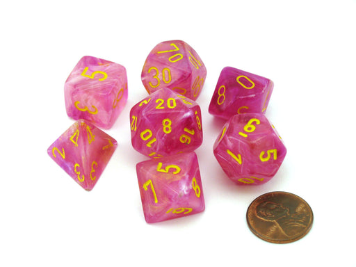 Polyhedral 7-Die Leaf Lab Dice 2 Chessex Dice with Luminary- Fuschia with Yellow