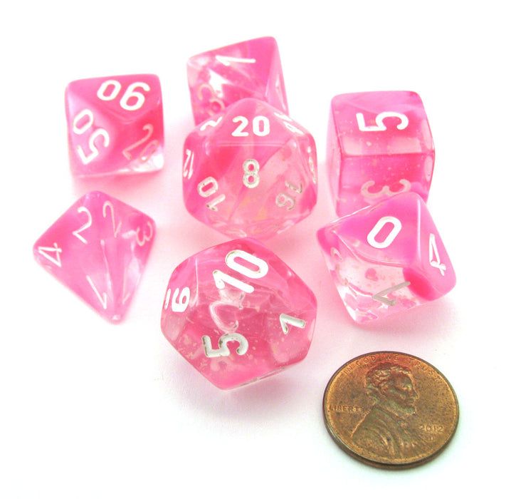 Polyhedral 7-Die Luminary Chessex Lab Dice 4 Set - Gemini Clear-Pink with White