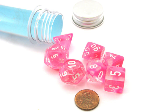 Polyhedral 7-Die Luminary Chessex Lab Dice 4 Set - Gemini Clear-Pink with White