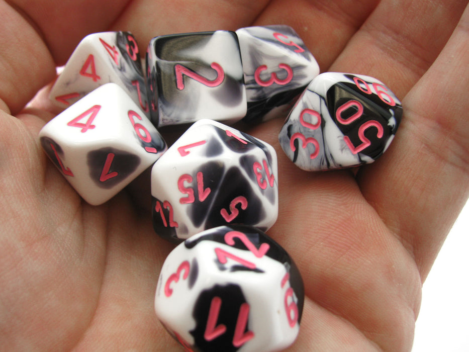 Polyhedral 7-Die Chessex Lab Dice 4 Set - Gemini Black-White with Pink Numbers