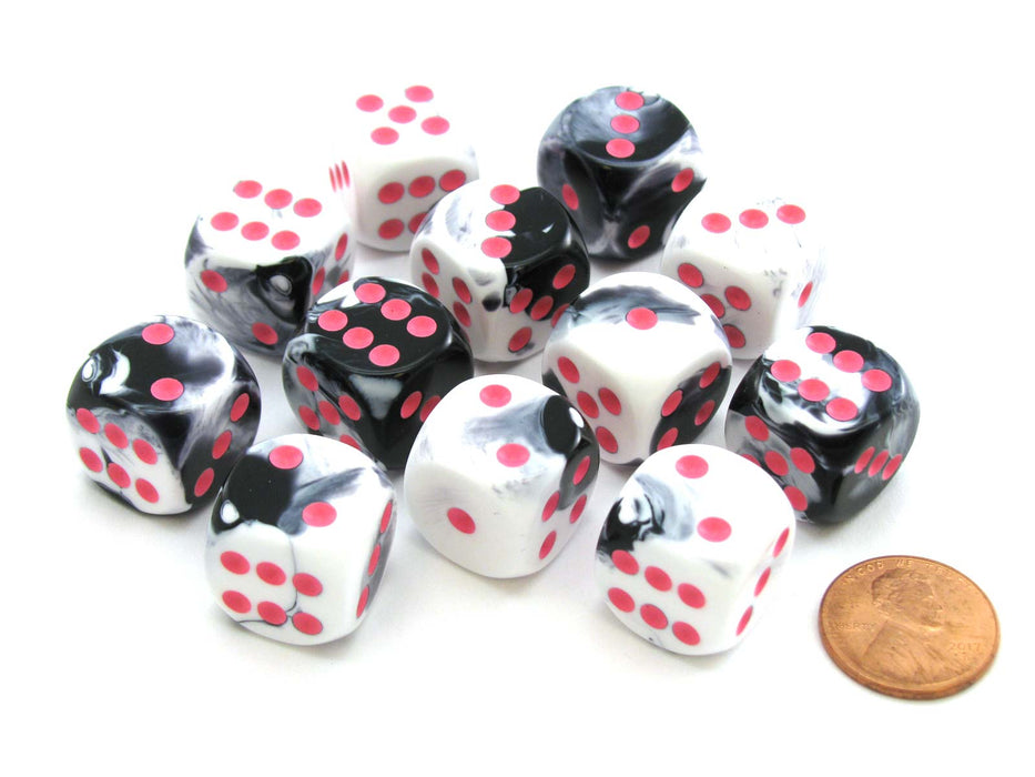 Limited Edition Gemini 16mm D6 Dice Block (12 Dice) - Black-White with Pink Pips