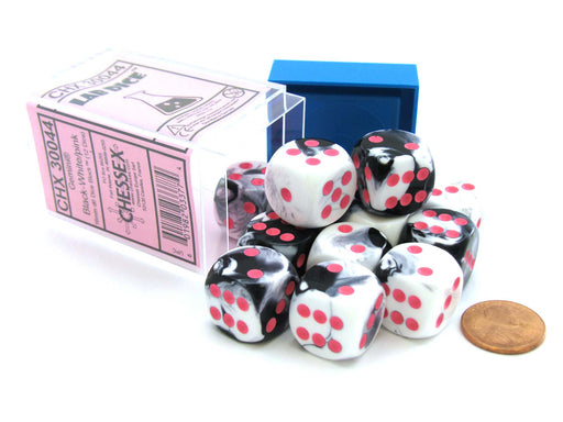 Limited Edition Gemini 16mm D6 Dice Block (12 Dice) - Black-White with Pink Pips