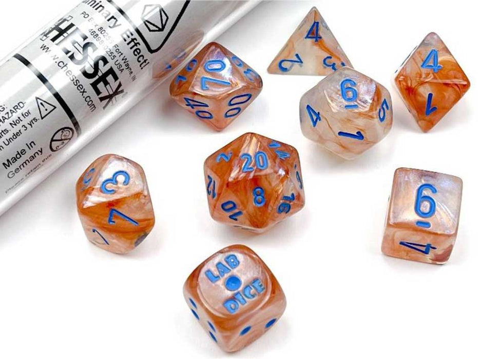 Polyhedral 7-Die Luminary Lab Dice 5 Set - Borealis Rose Gold with Light Blue