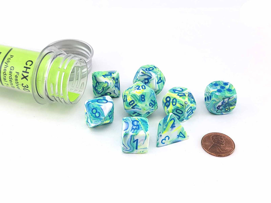 Polyhedral 7-Die Chessex Lab Dice 5 Set - Festive Garden with Blue