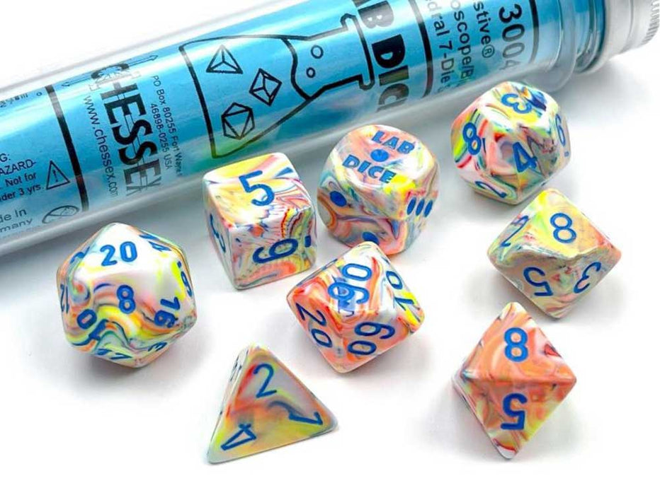 Polyhedral 7-Die Chessex Lab Dice 5 Set - Festive Kaleidoscope with Blue