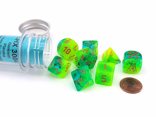 Polyhedral 7-Die Luminary Lab Dice 5 Set - Gemini Plasma Green-Teal with Orange