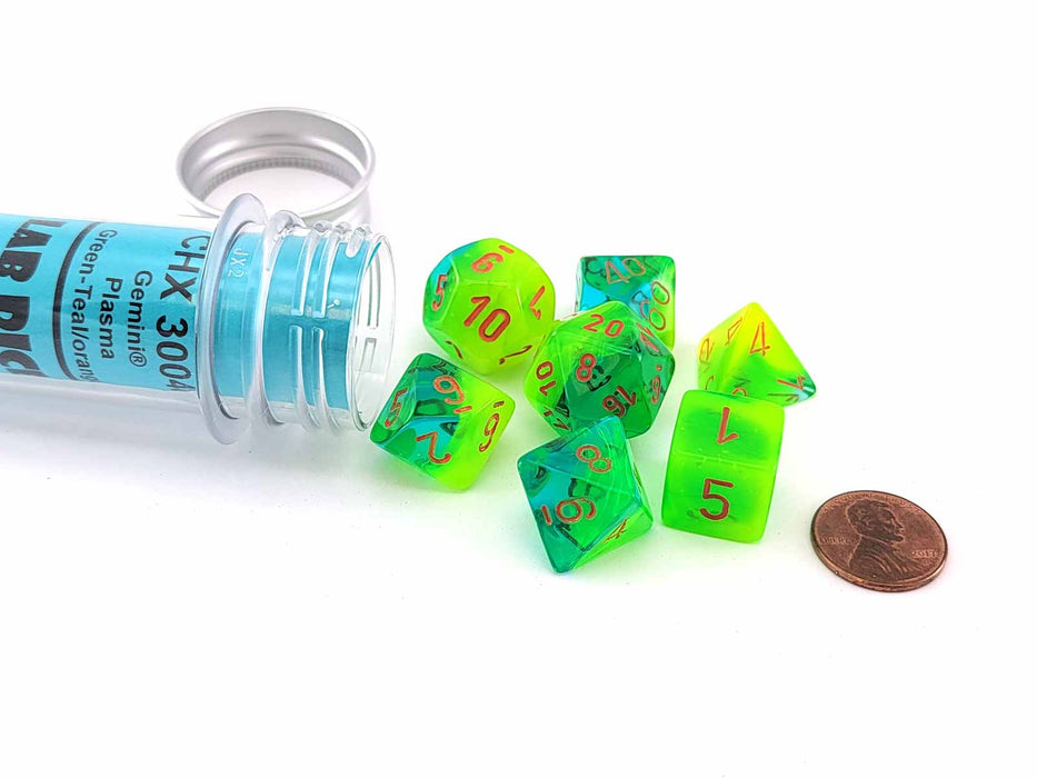 Polyhedral 7-Die Luminary Lab Dice 5 Set - Gemini Plasma Green-Teal with Orange