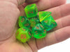 Polyhedral 7-Die Luminary Lab Dice 5 Set - Gemini Plasma Green-Teal with Orange