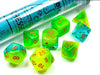 Polyhedral 7-Die Luminary Lab Dice 5 Set - Gemini Plasma Green-Teal with Orange