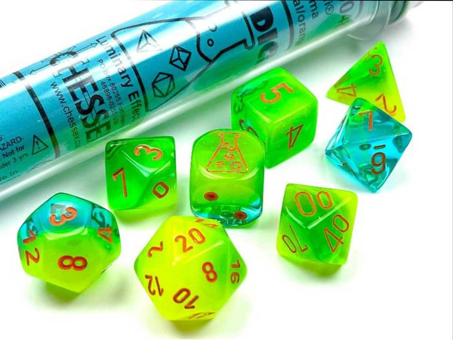 Polyhedral 7-Die Luminary Lab Dice 5 Set - Gemini Plasma Green-Teal with Orange