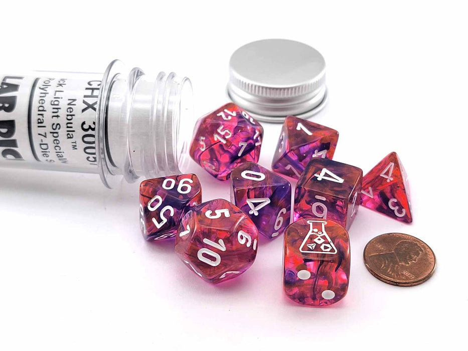 Nebula Lab Dice 6 Polyhedral Set - Black Light Special with White Numbers