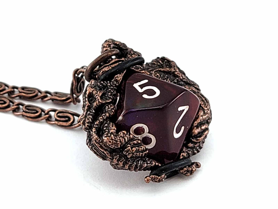 Dice Pendant Necklace 'Dragons' with Old Copper Finish - Holds a D10