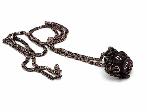 Dice Pendant Necklace 'Dragons' with Old Copper Finish - Holds a D10