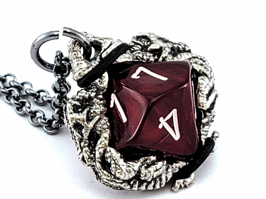 Dice Pendant Necklace 'Dragons' with Gunmetal Gray Finish - Holds a D10