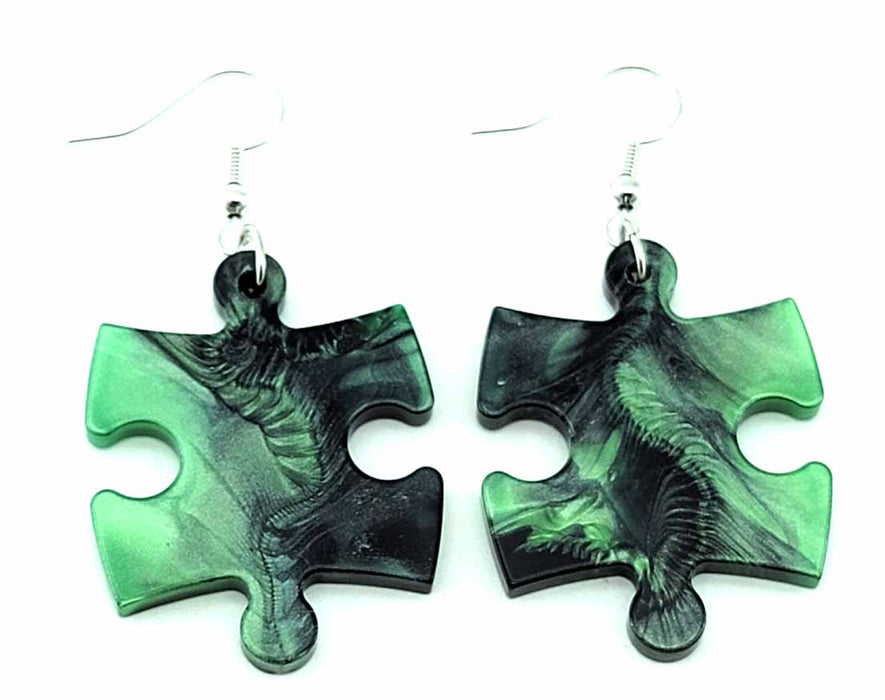 Puzzle Piece Earrings, Gemini Style - Green/Black