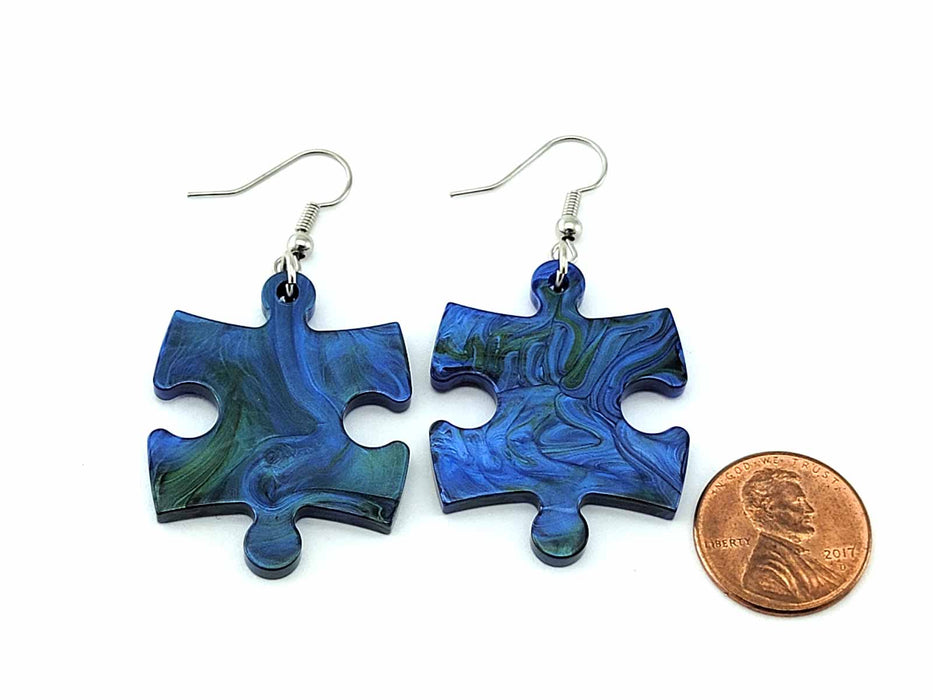 Puzzle Piece Earrings, Lustrous Style - Blue/Green Mix