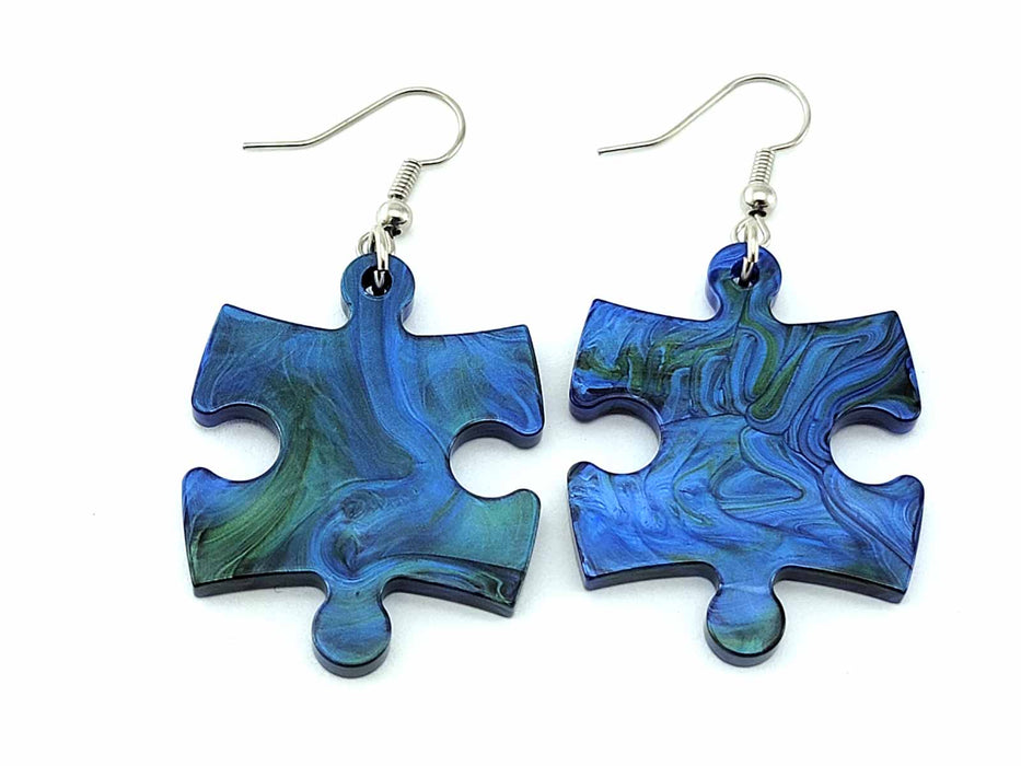 Puzzle Piece Earrings, Lustrous Style - Blue/Green Mix