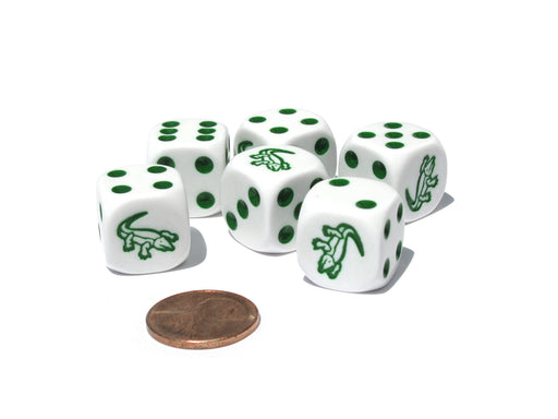 Set of 6 Alligator 16mm D6 Round Edge Animal Dice - White with Green Pips