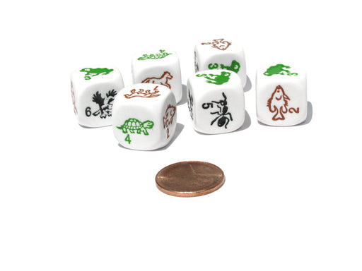 Set of 6 Species 16mm Dice - White with Multi-Color Etched Animals and Numbers