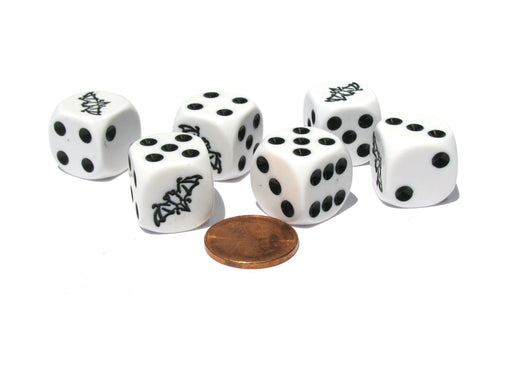 Set of 6 Bat 16mm D6 Round Edge Halloween Dice - White with Black Pips