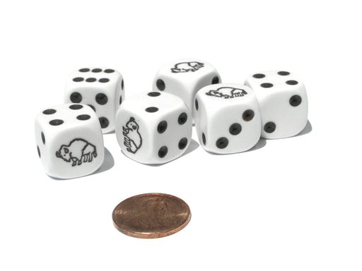 Set of 6 Bison 16mm D6 Round Edge Animal Dice - White with Dark Brown Pips