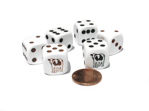 Set of 6 Cow Dice 16mm D6 Rounded Edge- 3 White w Brown and 3 White w Black