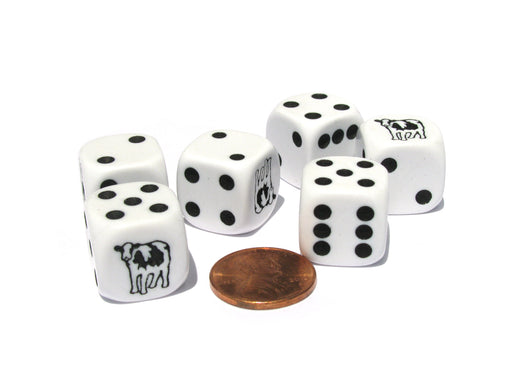 Set of 6 Cow Dice 16mm D6 Rounded Edge Animal Dice- White with Black Pips