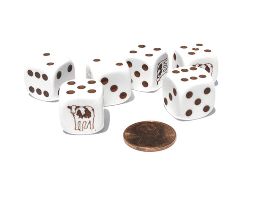 Set of 6 Cow Dice 16mm D6 Rounded Edge Animal Dice- White with Brown Pips
