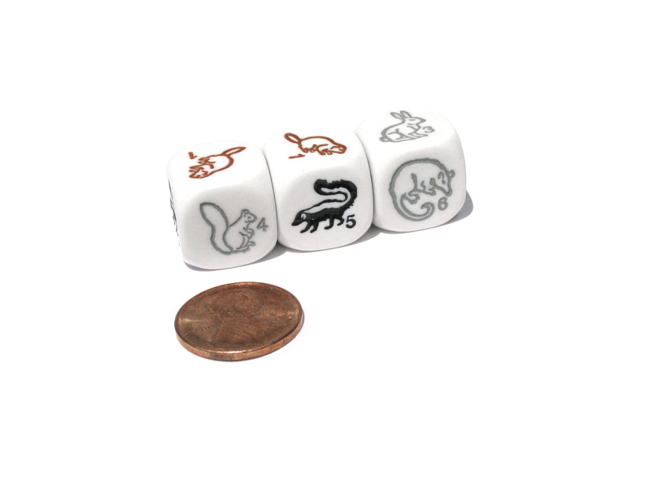 Set of 6 Woodland Creatures 16mm D6 Animal Dice - White with Multi-Color Etches