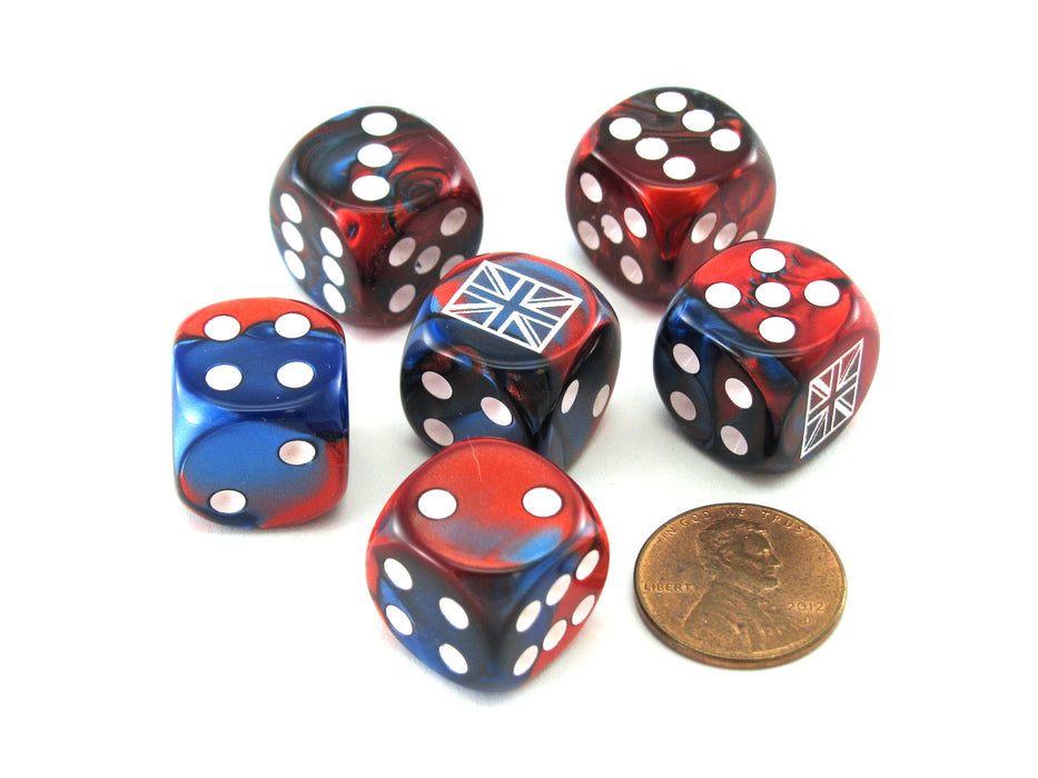 Pack of 6 Gemini Axis and Allies 16mm D6 United Kingdom Dice - Blue-Red w White