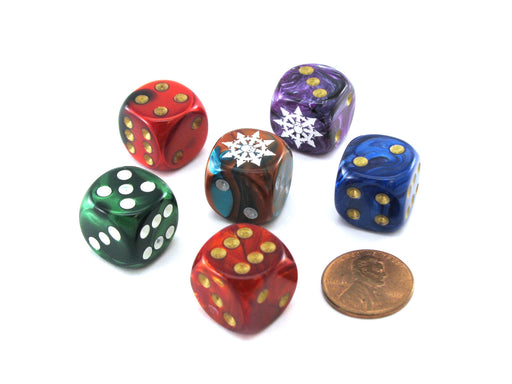 Pack of 6 Chessex Custom Engraved 16mm D6 Assorted Style Dice - Arrows of Chaos