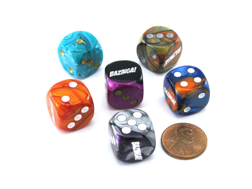 Pack of 6 Custom Engraved 16mm D6 Assorted Style Funny Meme Dice - Bazinga