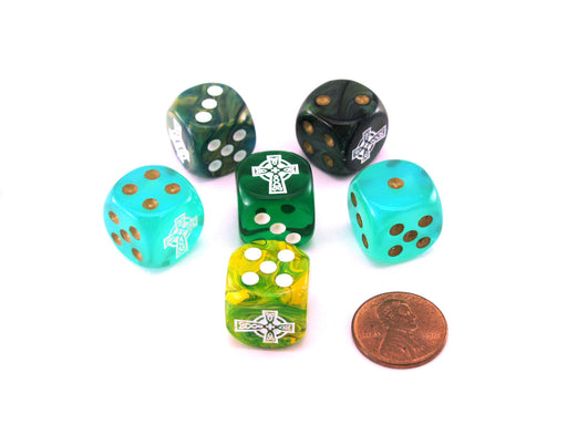 Pack of 6 Chessex Custom Engraved 16mm D6 Assorted Style Dice - Celtic Cross