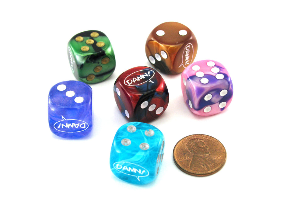 Pack of 6 Chessex Custom Engraved 16mm D6 Assorted Style Funny Meme Dice - Damn!