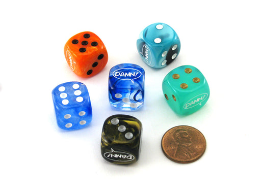 Pack of 6 Chessex Custom Engraved 16mm D6 Assorted Style Funny Meme Dice - Damn!